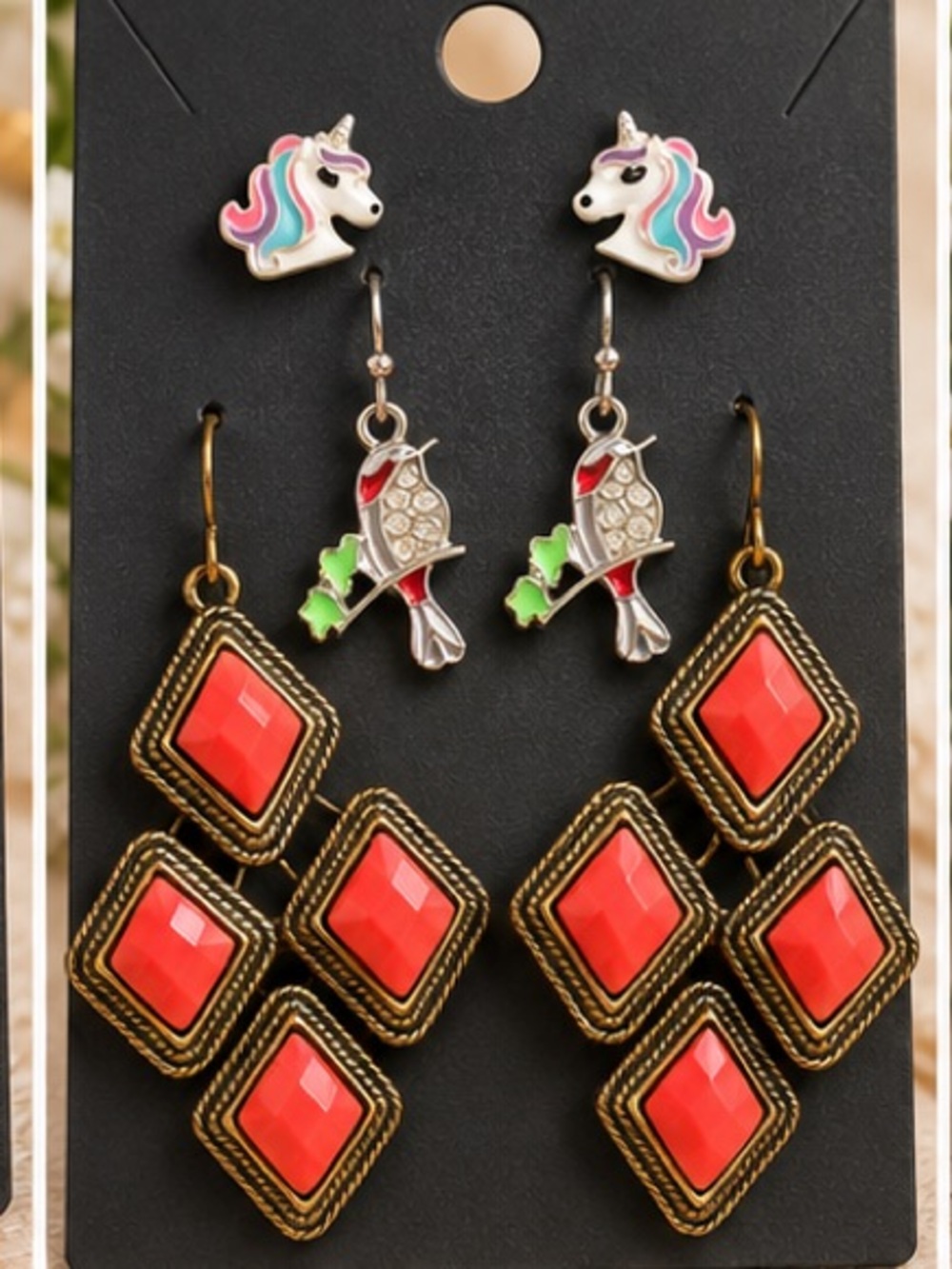 3 Pair Earring Set | Red Chandelier, Bird & Unicorn Earrings